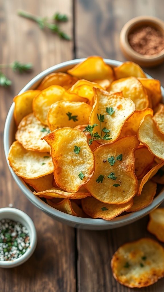 A bowl of crispy homemade potato chips garnished with herbs on a rustic wooden table.